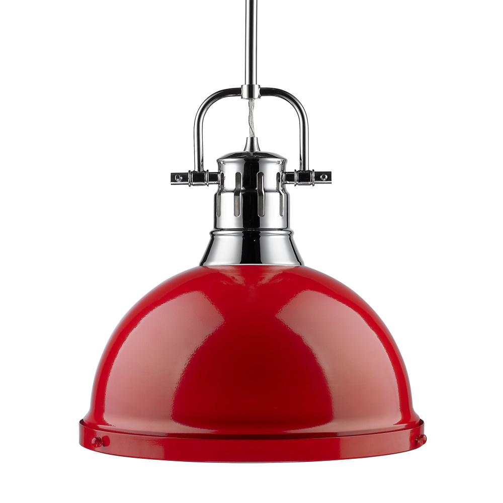 Yep by Golden Lighting Duncan 1-light 14in Rod Hung Pendant in Chrome and Red shade